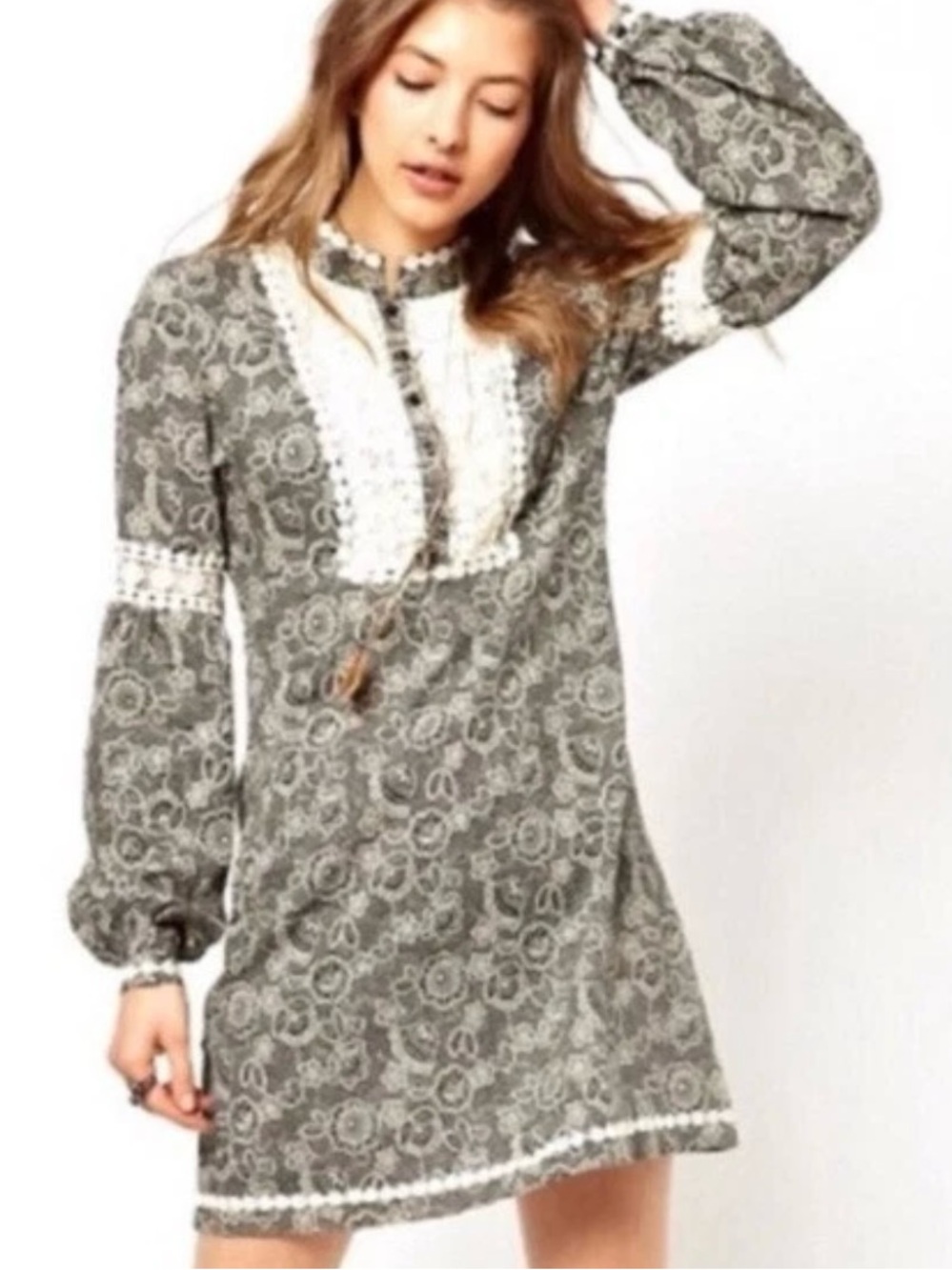 Free People "Tribal Grunge" Tunic Dress Sz 2 Seen On Teen Wolf Lg Sleeve Paisley
